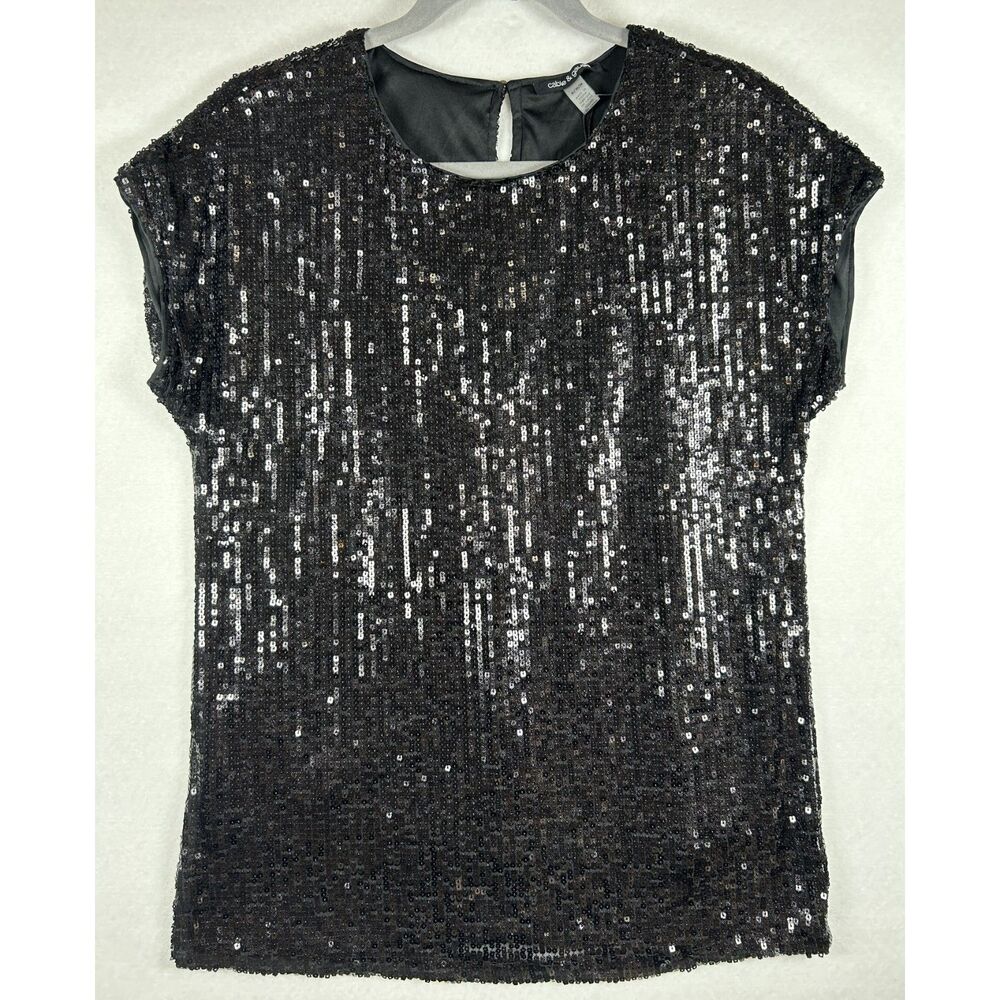 NWT Cable & Gauge Black Sequin Cap Sleeve Top Blouse - Women’s Size Medium